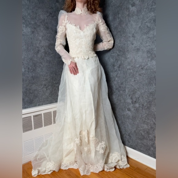 American Vintage Dresses & Skirts - 🤍 Vintage 1970s Lace Wedding Dress | Edwardian Revival | Sheer Sleeves 🤍